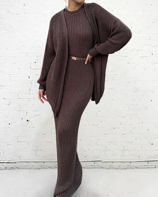 Lazy Style Knitted Sweater Long Dress & Cardigan Two-piece Sets