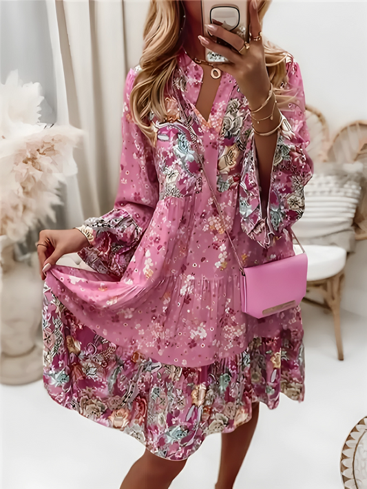 Maria |  Boho V-Neck Puff Sleeve Printed Dress