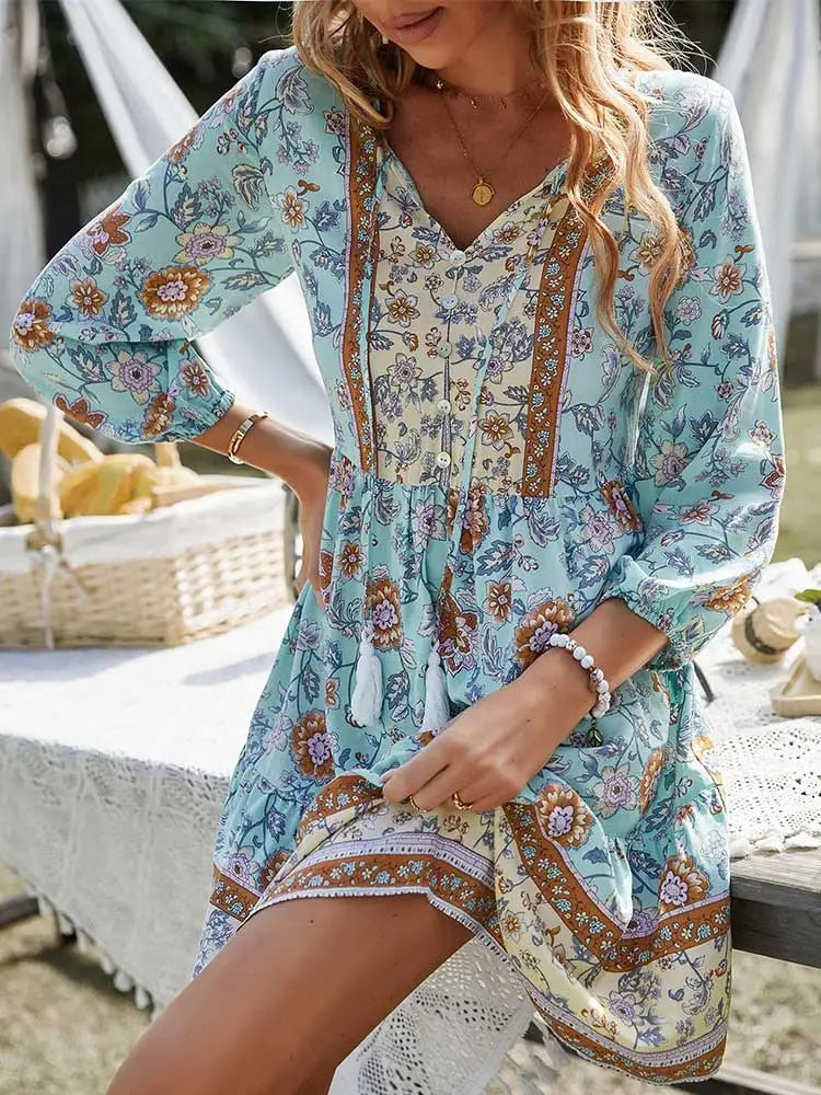 Natalie | Boho-Inspired V-Neck Long Sleeve Summer Dress