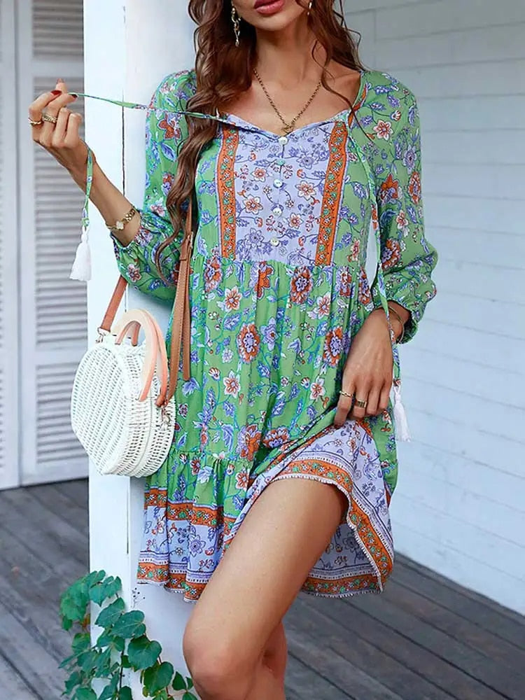 Natalie | Boho-Inspired V-Neck Long Sleeve Summer Dress