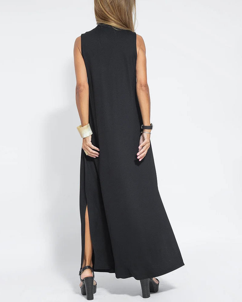 Geometric Color Block Dress Regular Fit Sleeveless Tank Dress Split Neck Print Long Dress