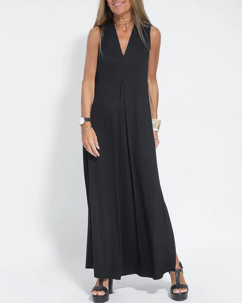 Geometric Color Block Dress Regular Fit Sleeveless Tank Dress Split Neck Print Long Dress