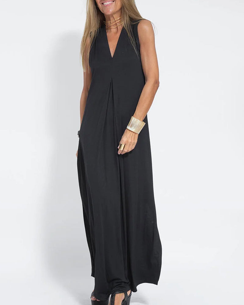 Geometric Color Block Dress Regular Fit Sleeveless Tank Dress Split Neck Print Long Dress
