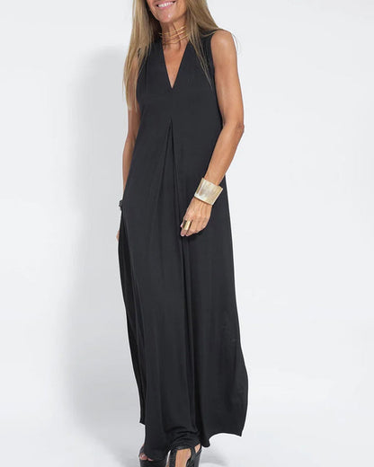 Geometric Color Block Dress Regular Fit Sleeveless Tank Dress Split Neck Print Long Dress