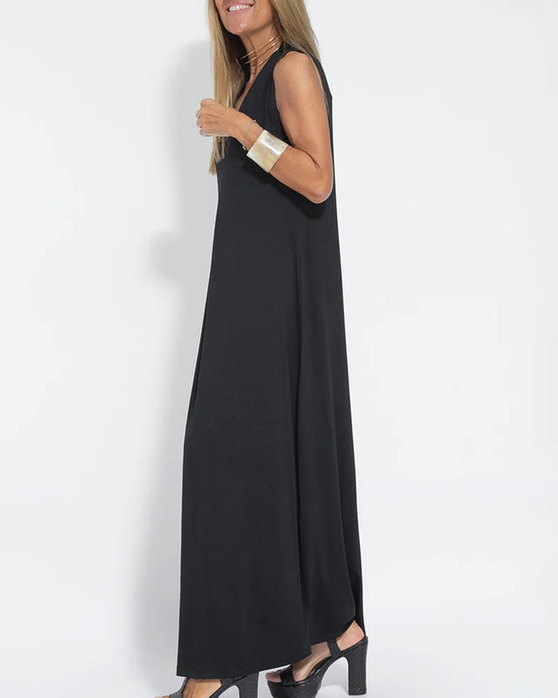 Geometric Color Block Dress Regular Fit Sleeveless Tank Dress Split Neck Print Long Dress