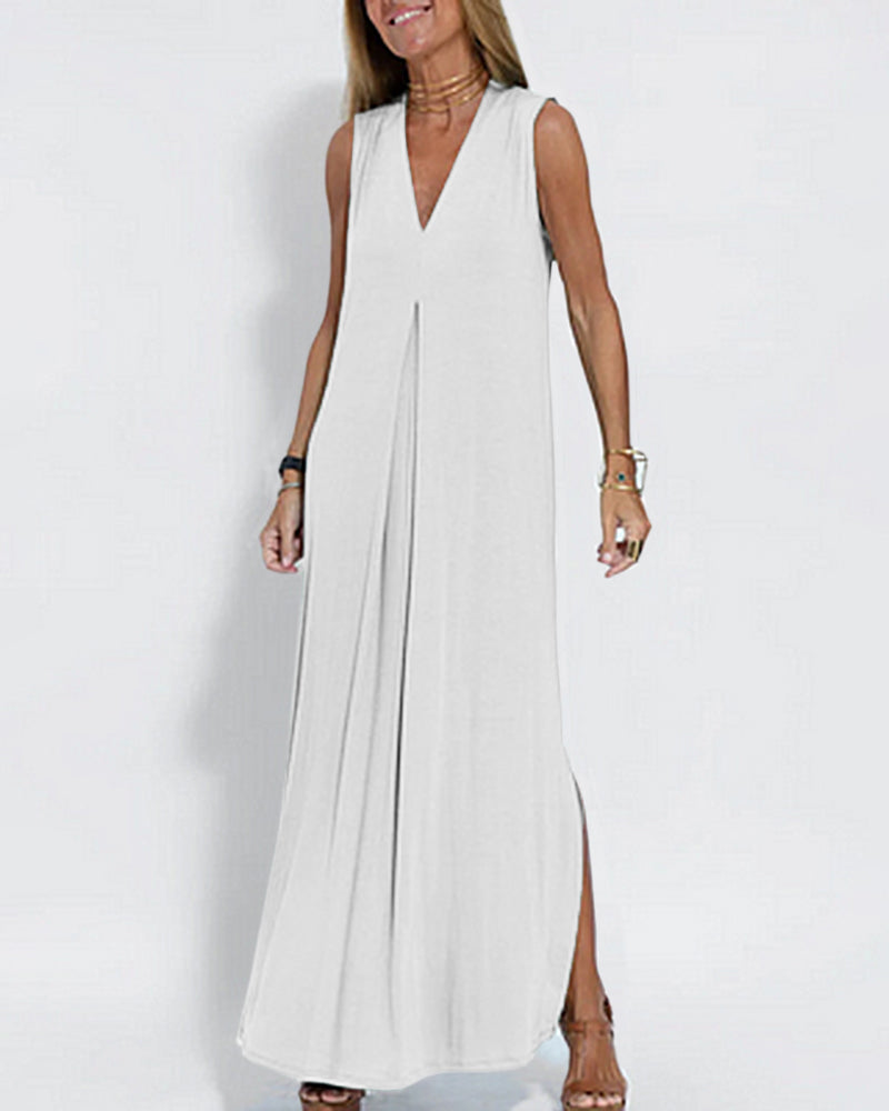 Geometric Color Block Dress Regular Fit Sleeveless Tank Dress Split Neck Print Long Dress