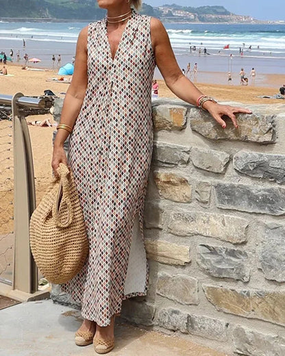 Geometric Color Block Dress Regular Fit Sleeveless Tank Dress Split Neck Print Long Dress