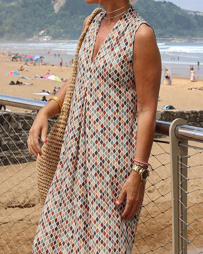 Geometric Color Block Dress Regular Fit Sleeveless Tank Dress Split Neck Print Long Dress