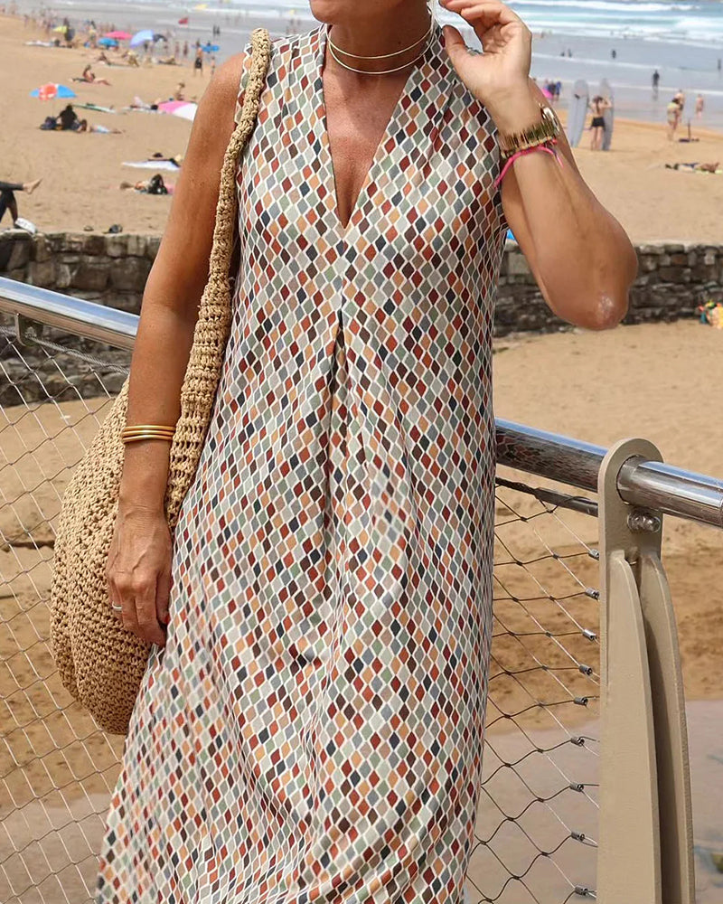 Geometric Color Block Dress Regular Fit Sleeveless Tank Dress Split Neck Print Long Dress