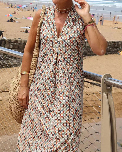 Geometric Color Block Dress Regular Fit Sleeveless Tank Dress Split Neck Print Long Dress
