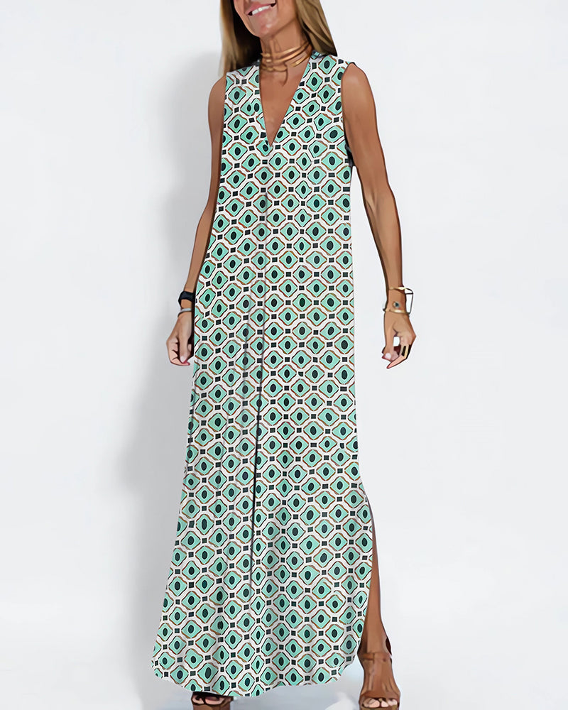 Geometric Color Block Dress Regular Fit Sleeveless Tank Dress Split Neck Print Long Dress