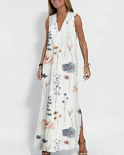 Geometric Color Block Dress Regular Fit Sleeveless Tank Dress Split Neck Print Long Dress