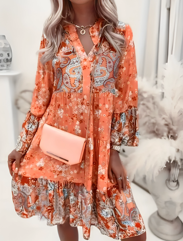 Maria |  Boho V-Neck Puff Sleeve Printed Dress