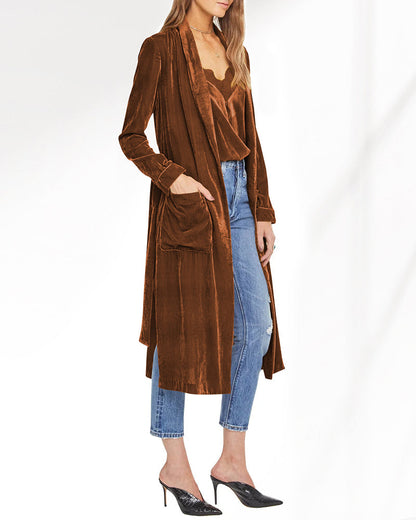 Long Velvet Cardigan Jacket Casual Open Front Velour Lapel Cardigan Maxi Blazer