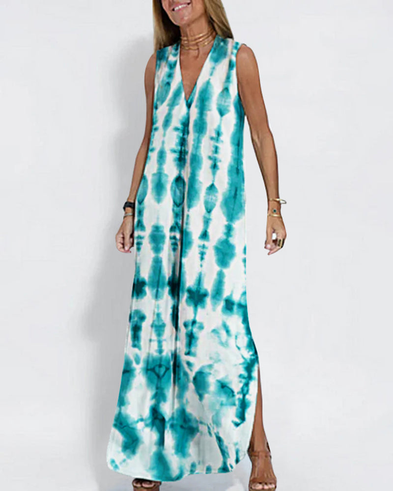 Geometric Color Block Dress Regular Fit Sleeveless Tank Dress Split Neck Print Long Dress
